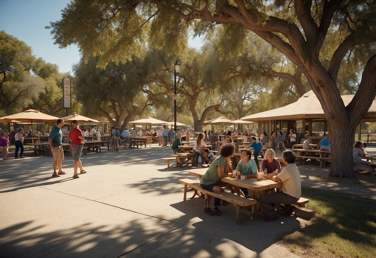 A bustling MacDonald's Ranch, with families enjoying meals at picnic tables under the shade of large oak trees. A line of customers waits eagerly at the outdoor ordering counter