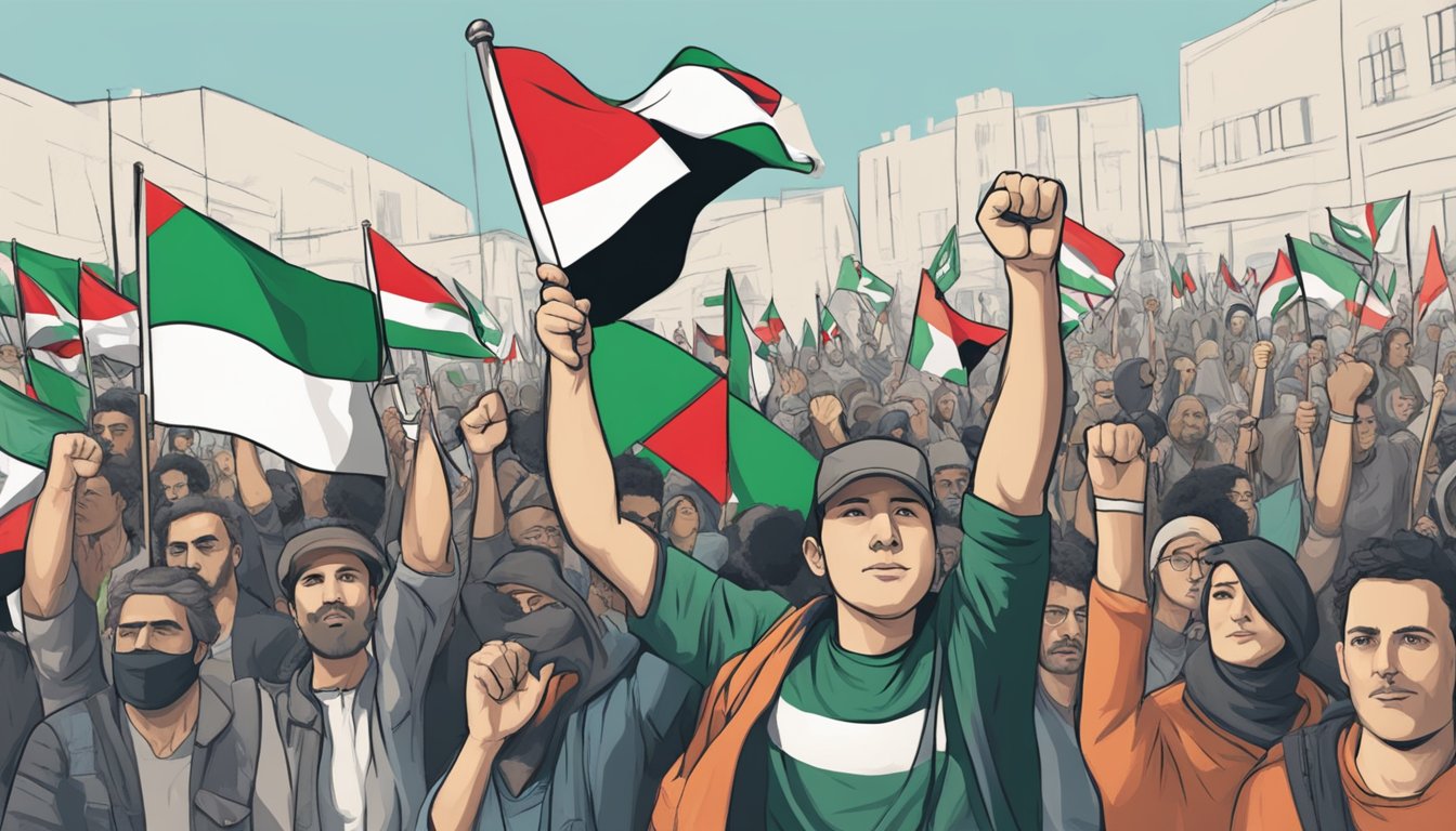 GT supports Palestine: a raised fist in front of a Palestinian flag, surrounded by protestors and signs advocating for human rights