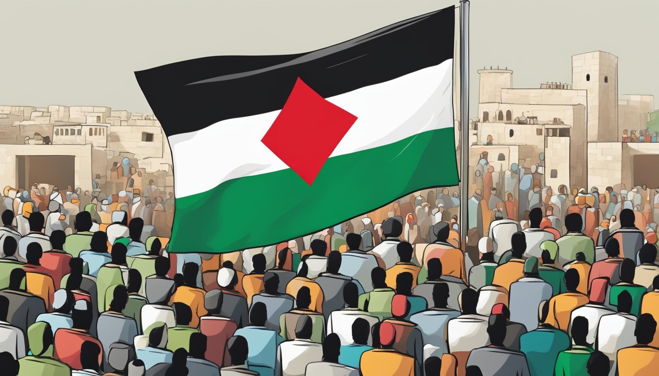 A Palestinian flag flies high in front of a group of people discussing economic perspectives