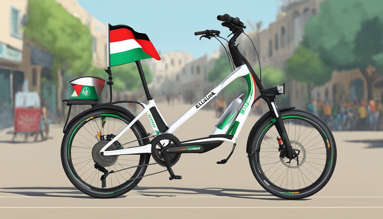 An Elliptigo with a Palestinian flag sticker on the frame, parked in front of a Palestinian solidarity event