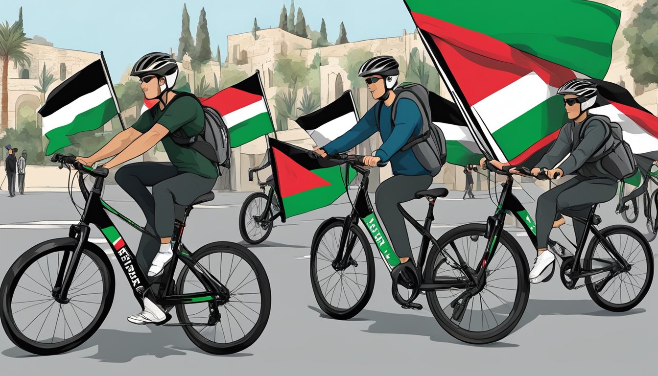 A group of Elliptigo riders with Palestinian flags on their bikes, showing support for Palestine