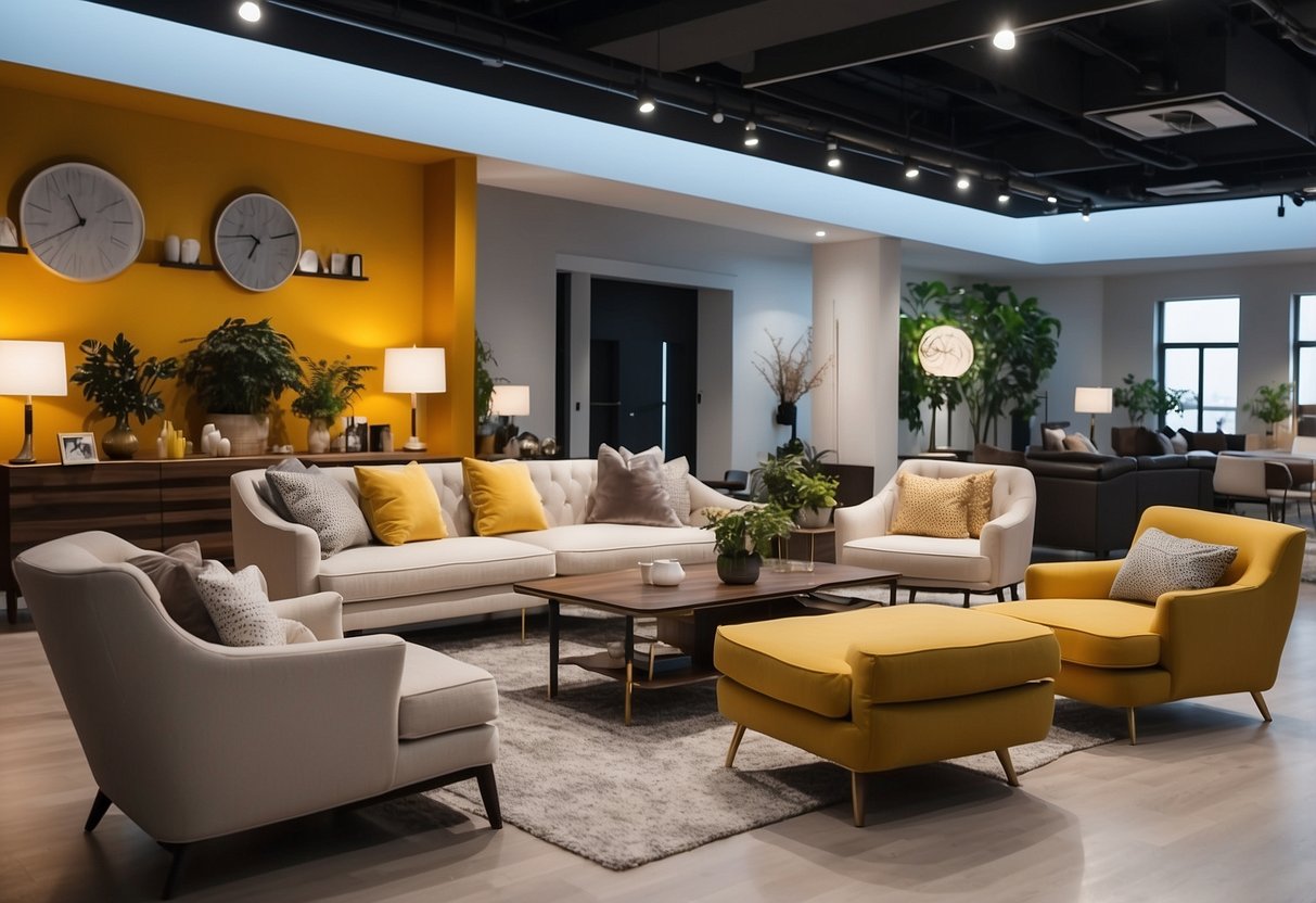 A spacious showroom with modern and classic furniture displays. Bright lighting illuminates the neatly arranged sofas, tables, and chairs