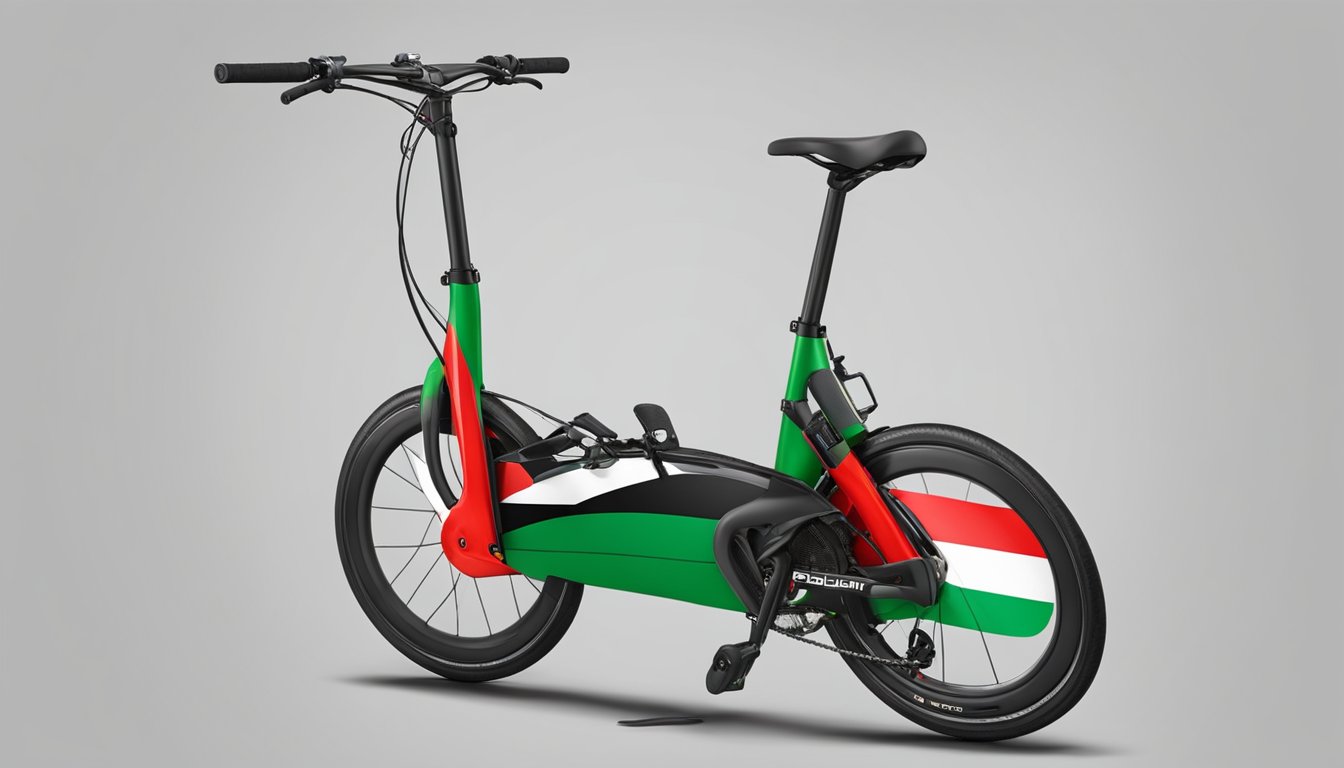 An Elliptigo bicycle stands on the ground with the Palestinian flag draped over its frame, symbolizing support for Palestine