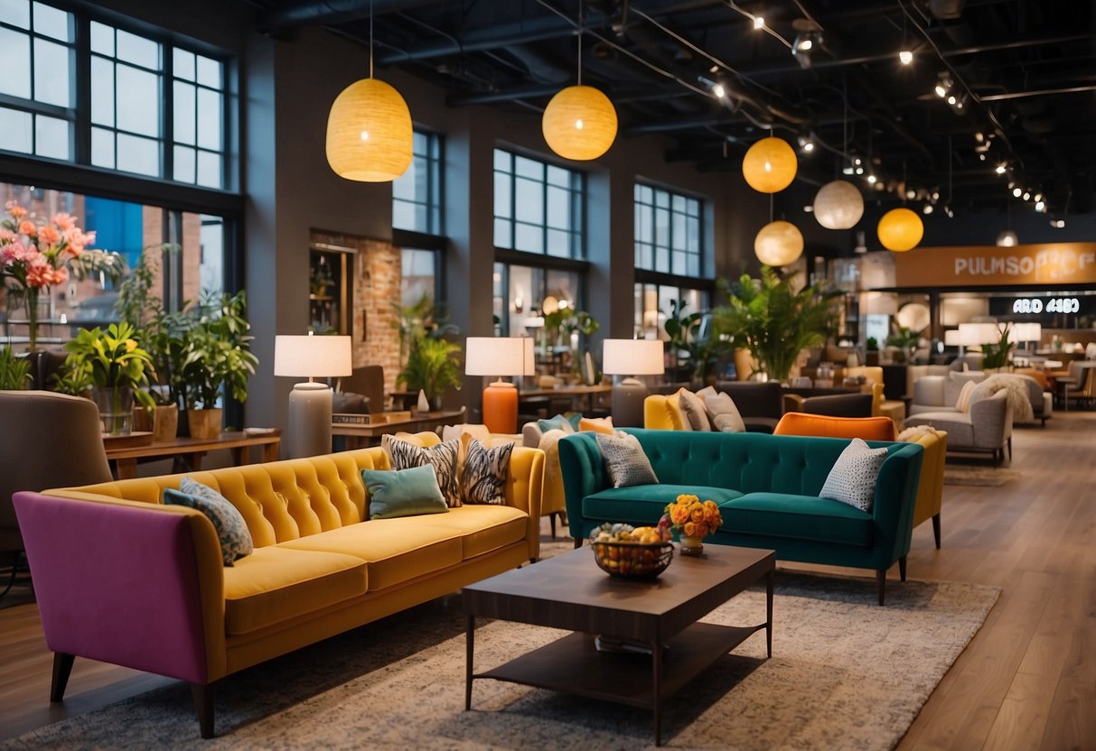A row of furniture stores with colorful displays and large windows. Signs advertise sales and discounts. Customers browse through sofas and tables