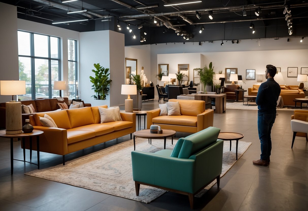 Customers browsing modern and traditional furniture in a spacious, well-lit showroom. Various styles and designs on display