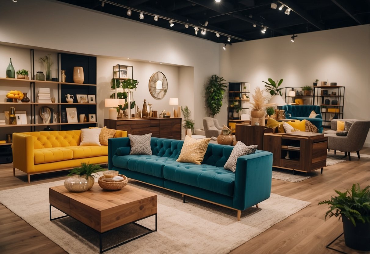 Customers browsing through various furniture displays in a spacious and well-lit showroom, with colorful and stylish pieces arranged neatly