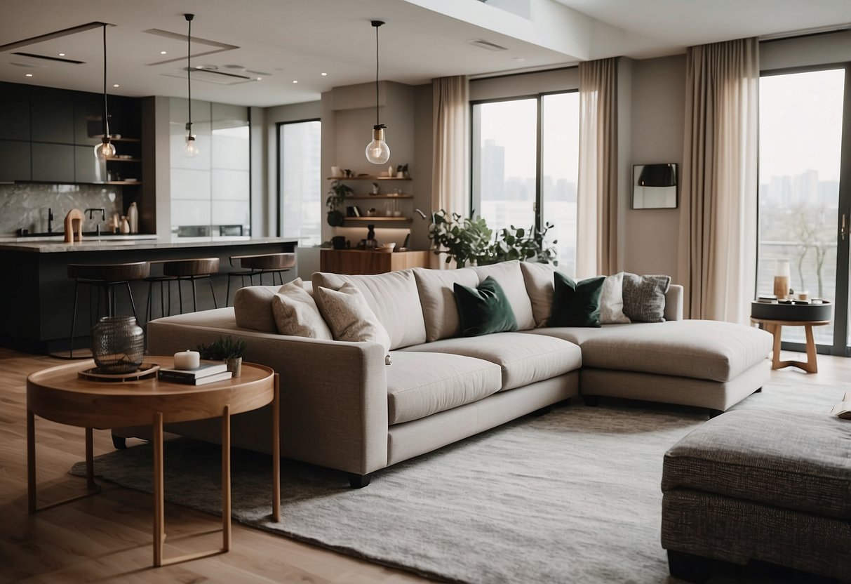 A spacious living room with modern, high-quality furniture from various stores. Clean lines, neutral colors, and stylish accents create a comfortable and inviting atmosphere