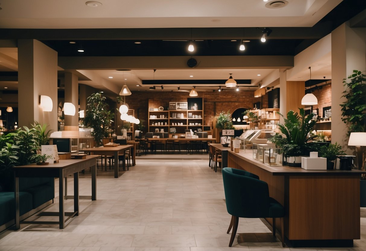 A bustling furniture store with cozy displays, helpful staff, and convenient amenities like a coffee bar and customer service desk