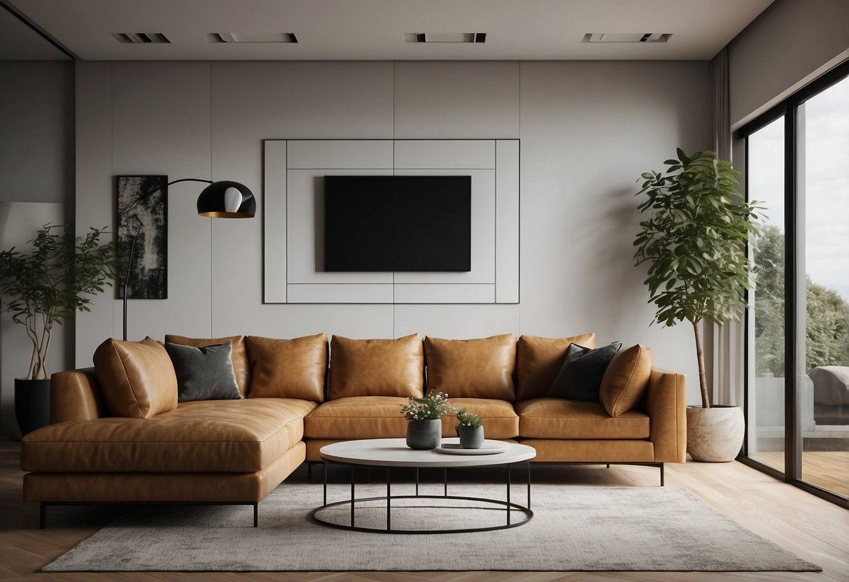 A modern living room with sleek furniture and minimalist decor, featuring a statement art piece as the focal point
