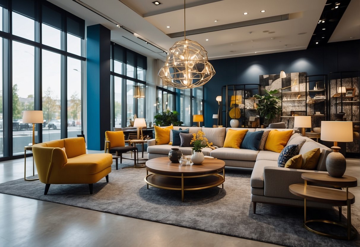 A spacious showroom with modern furniture displays and vibrant artwork on the walls. Bright lighting highlights the sleek designs and inviting atmosphere
