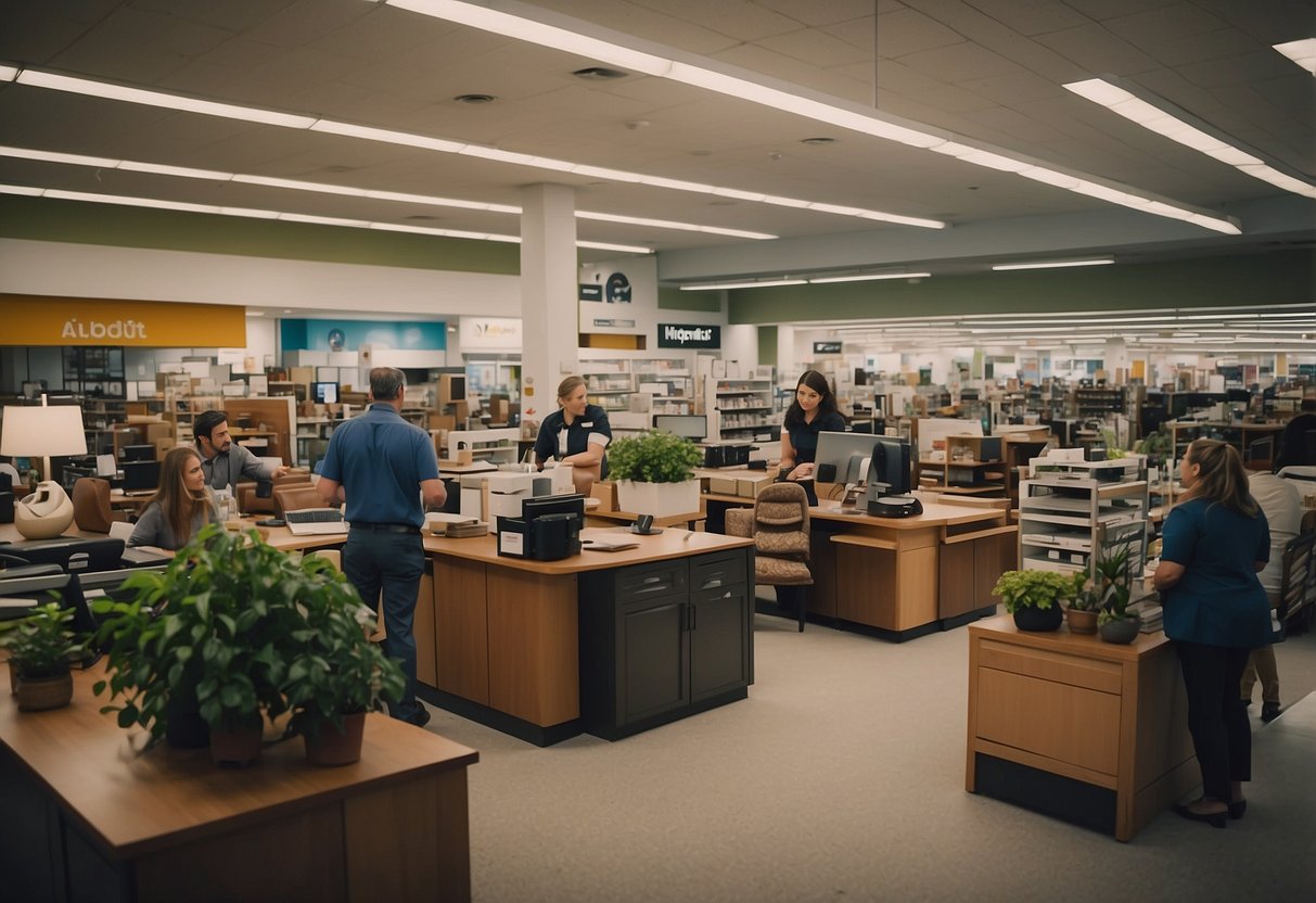 Customers browse through aisles of furniture, while staff assist with inquiries at a "Frequently Asked Questions" desk