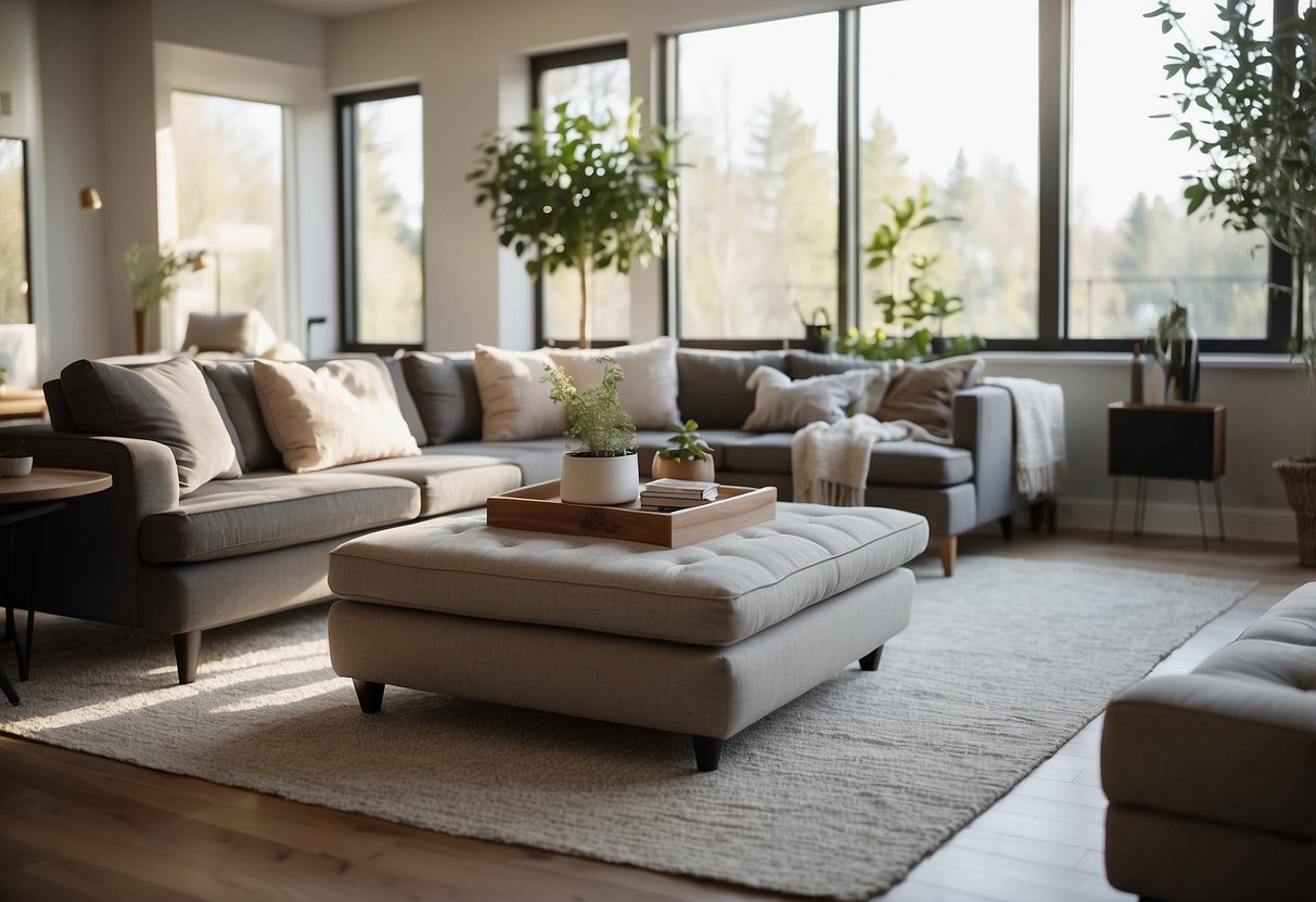 A cozy living room with modern furniture, including a sleek sofa, a stylish coffee table, and a contemporary entertainment center. Bright natural light streams in through large windows, illuminating the space