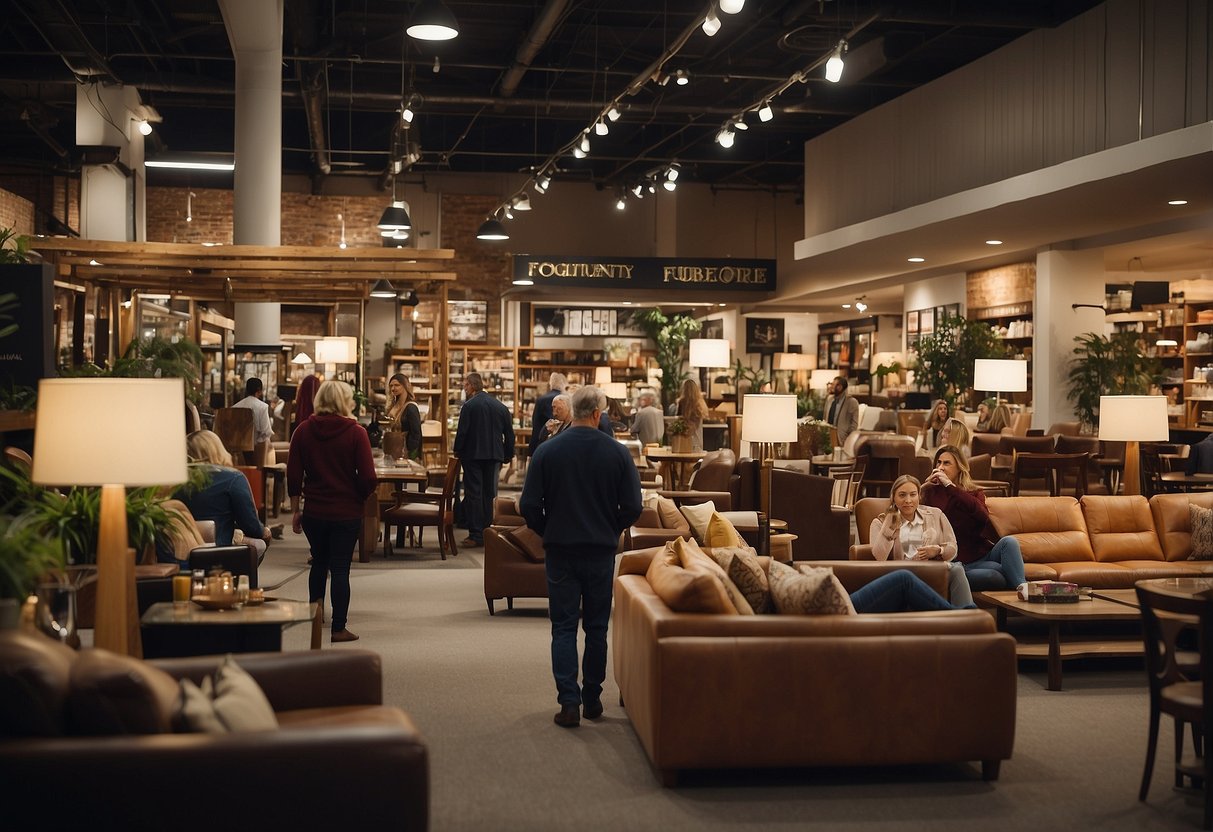 A crowded furniture store with shelves of products and customers browsing. Signs and banners with "Frequently Asked Questions" and "Furniture Stores Near Me" are visible