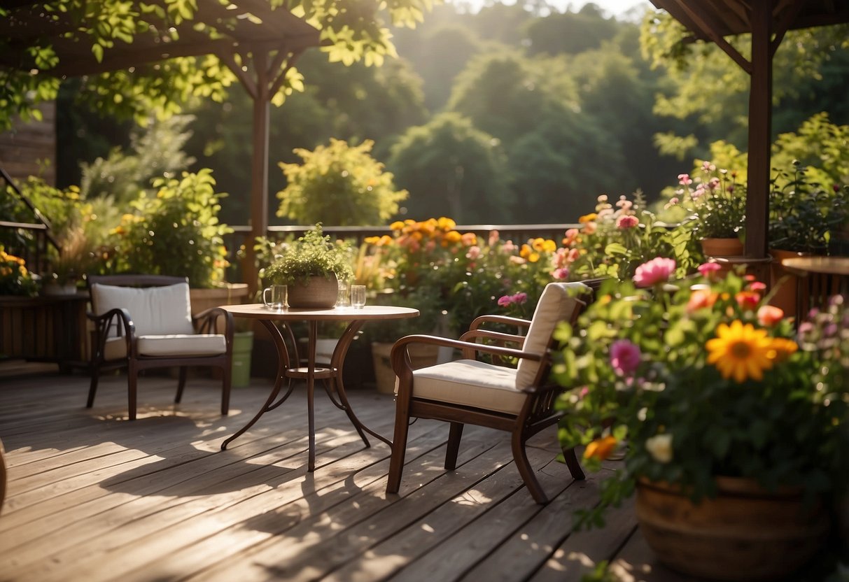 A patio set sits on a wooden deck, surrounded by lush greenery and colorful flowers. The sun shines down, casting dappled shadows on the comfortable chairs and table