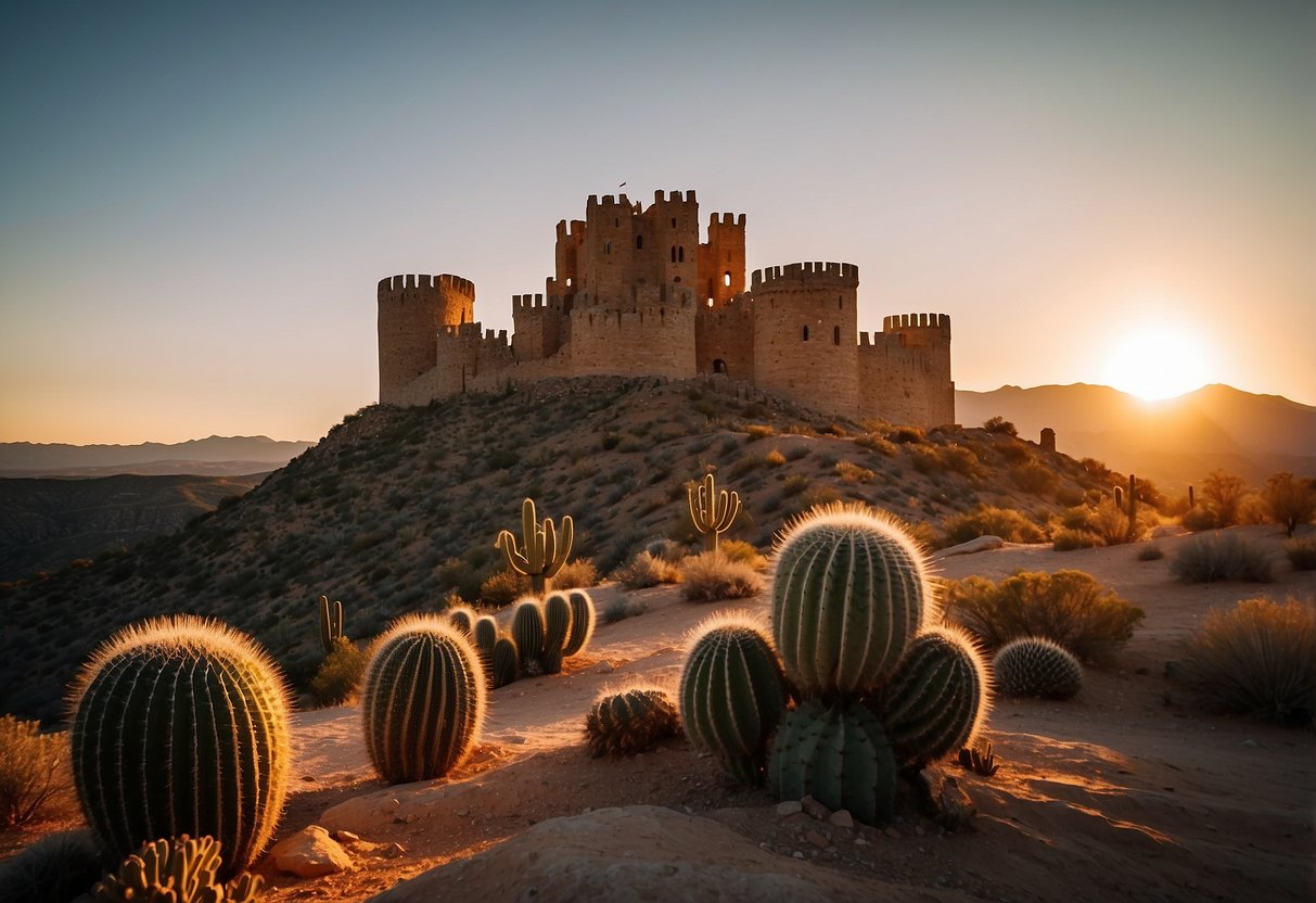 The sun sets behind Tovrea Castle, casting a warm glow over the desert landscape. The unique, three-tiered structure stands out against the cacti and rocky terrain