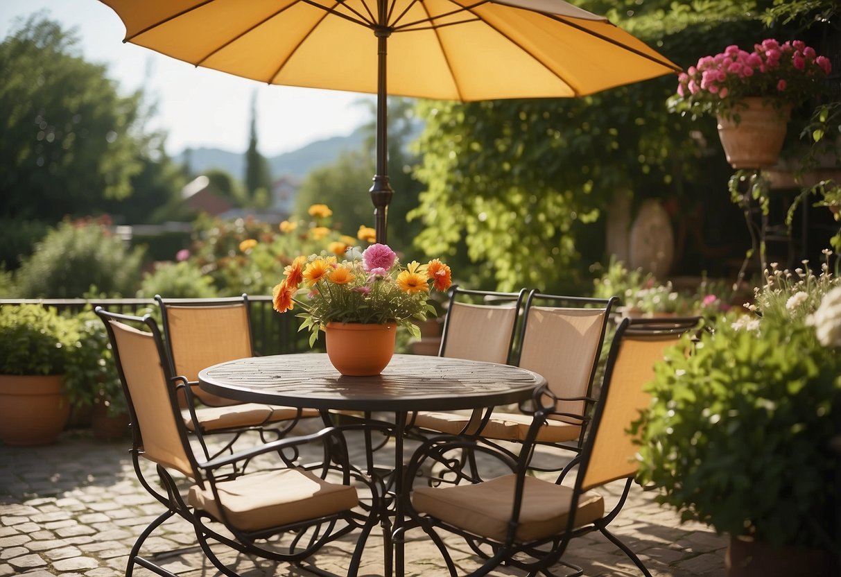 A sunny patio with a table and chairs, surrounded by lush greenery and colorful flowers. A parasol provides shade, and a grill is nearby
