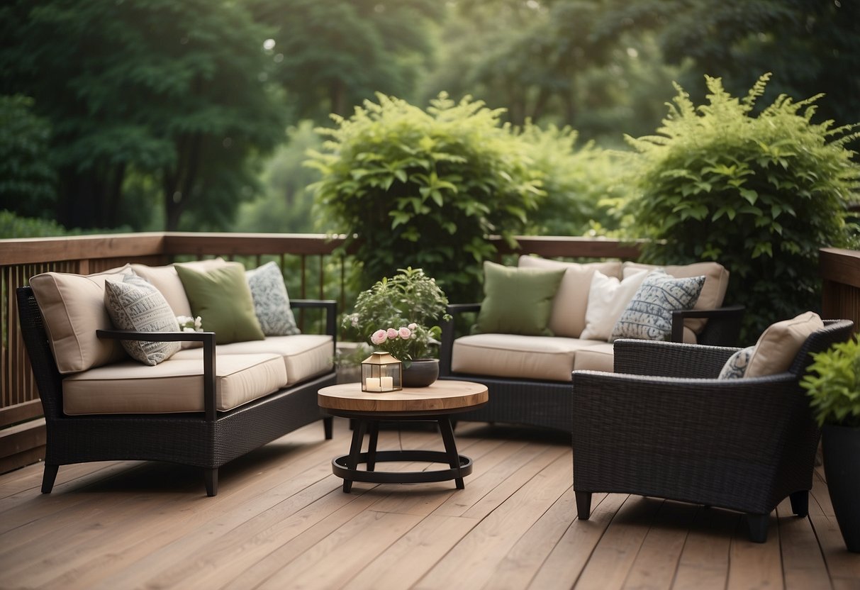 A patio set arranged on a deck with lush greenery in the background, showcasing a cozy outdoor living space