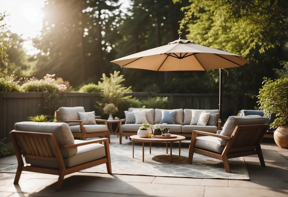 A backyard patio with a variety of outdoor furniture including tables, chairs, umbrellas, and loungers arranged in an inviting and organized manner