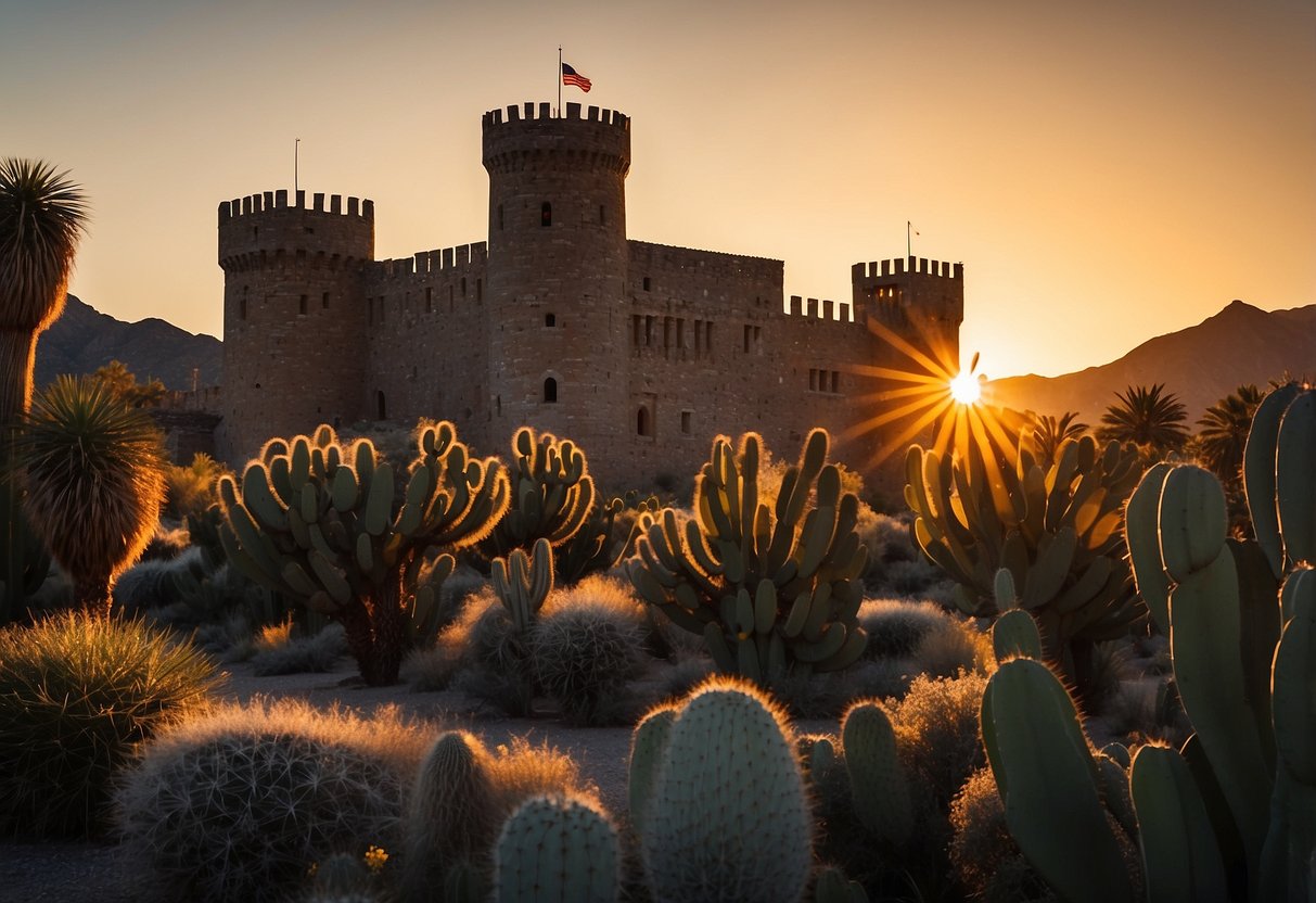 The sun sets behind the historic Tovrea Castle, casting a warm glow over the cactus garden and reflecting off the shimmering windows. A gentle breeze rustles the palm trees as the castle prepares for an evening of private events and functions