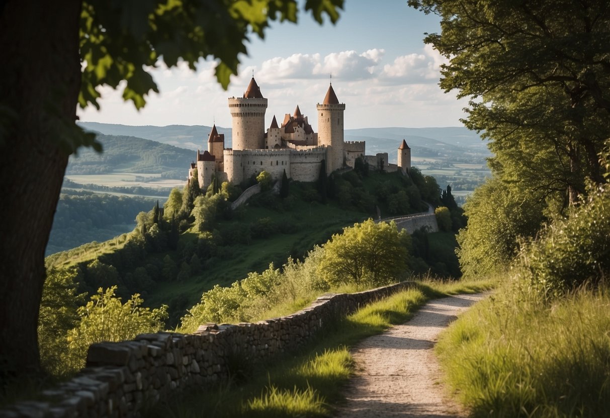 The Tovrea Castle stands atop a hill, surrounded by lush greenery. A winding pathway leads to the entrance, with a clear view of the castle's unique architecture