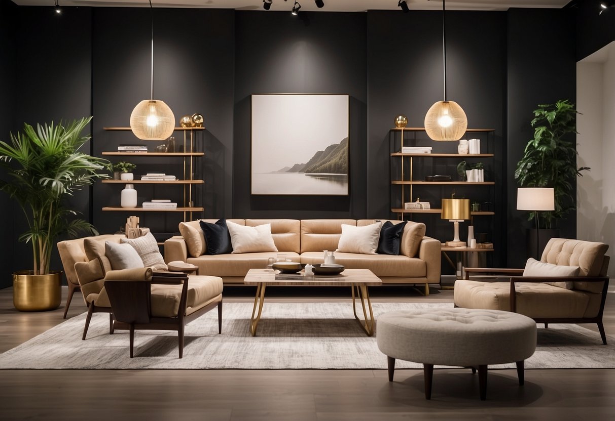 A boutique furniture store with modern, clean lines and a minimalist aesthetic. Displayed items include sleek sofas, elegant tables, and stylish chairs