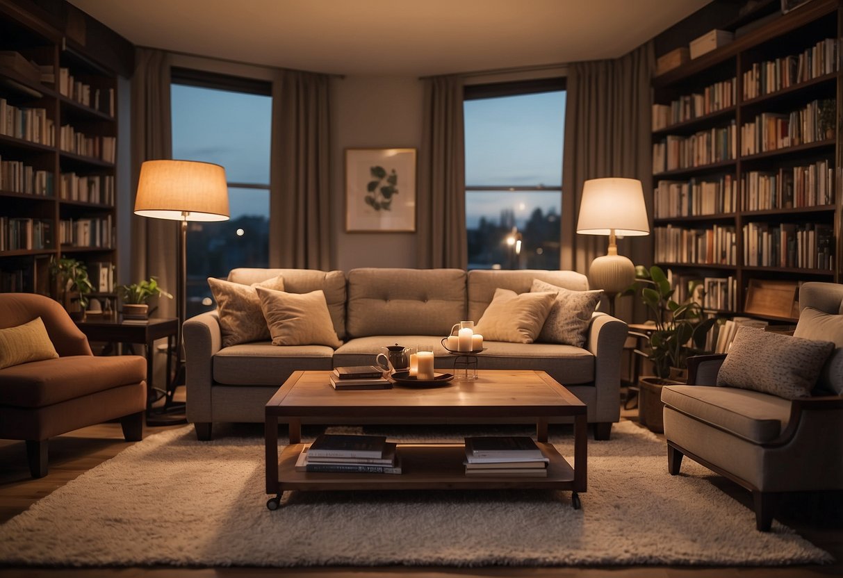 A cozy living room with a plush sofa, a coffee table, and a bookshelf filled with books. A soft rug lies on the floor, and a warm lamp illuminates the space