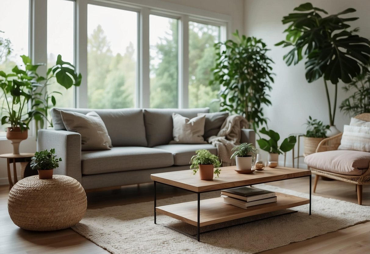 A cozy living room with a sleek sofa, modern coffee table, and elegant floor lamp. A large window lets in natural light, and potted plants add a touch of greenery