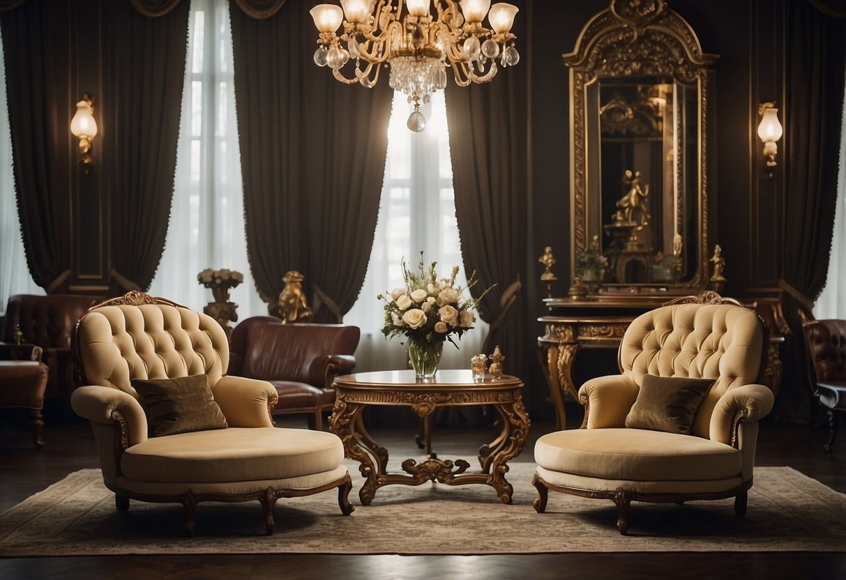 A room with classic furniture: ornate chairs, a grand wooden table, and a luxurious chaise lounge. The furniture is arranged in a symmetrical and elegant manner, with intricate carvings and rich upholstery