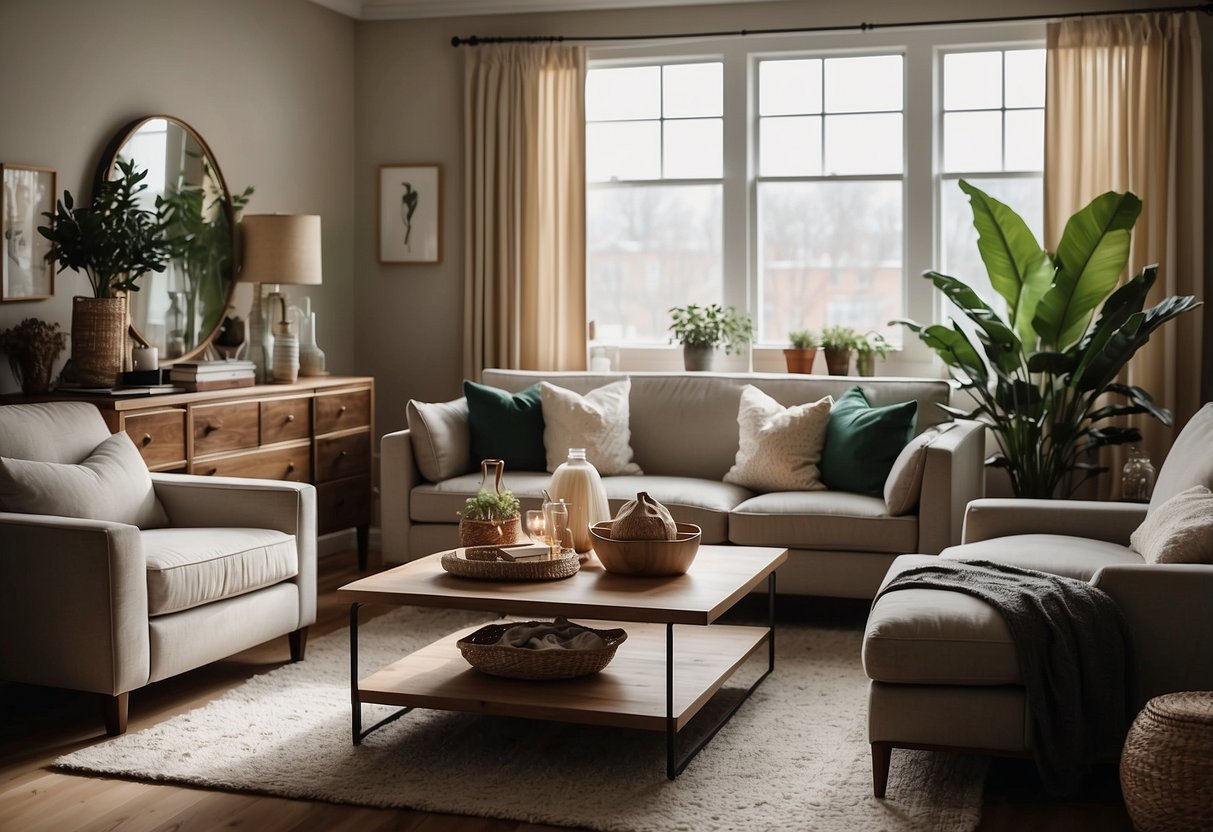 A cozy living room with modern and vintage furniture, soft lighting, and decorative accents