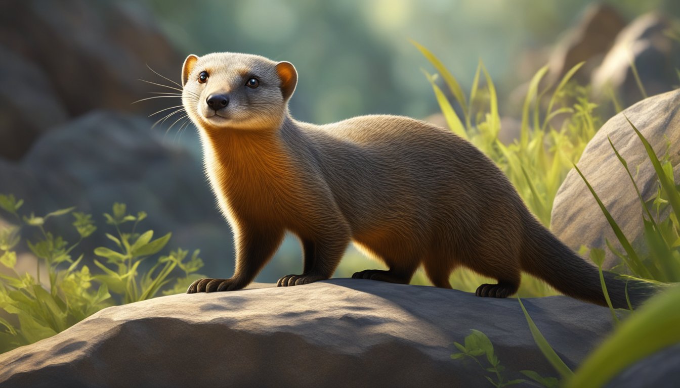 A mongoose in its natural habitat, surrounded by lush vegetation and rocks. The mongoose appears curious and alert, with its sleek fur glistening in the sunlight