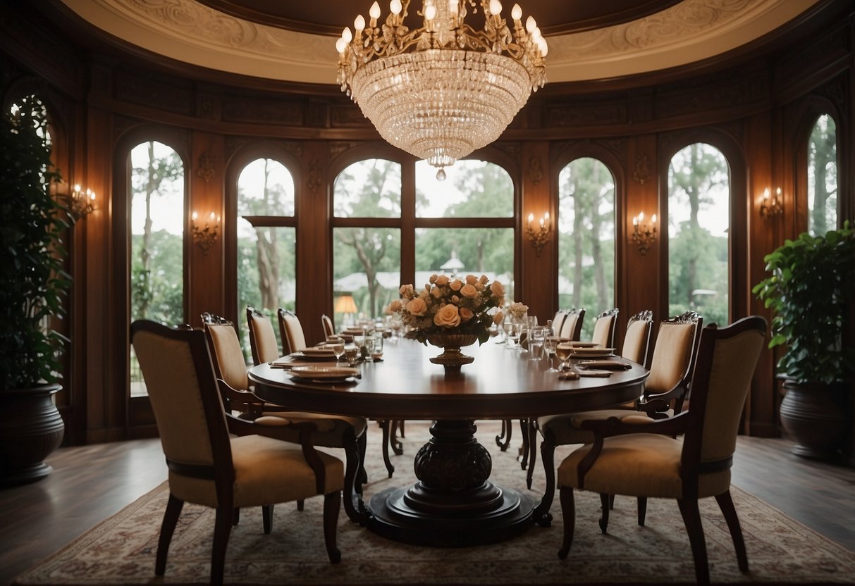 A grand, ornate chandelier hangs above a regal dining table surrounded by elegant chairs. Intricate carvings and rich wood finishes adorn the furniture, creating an atmosphere of timeless sophistication