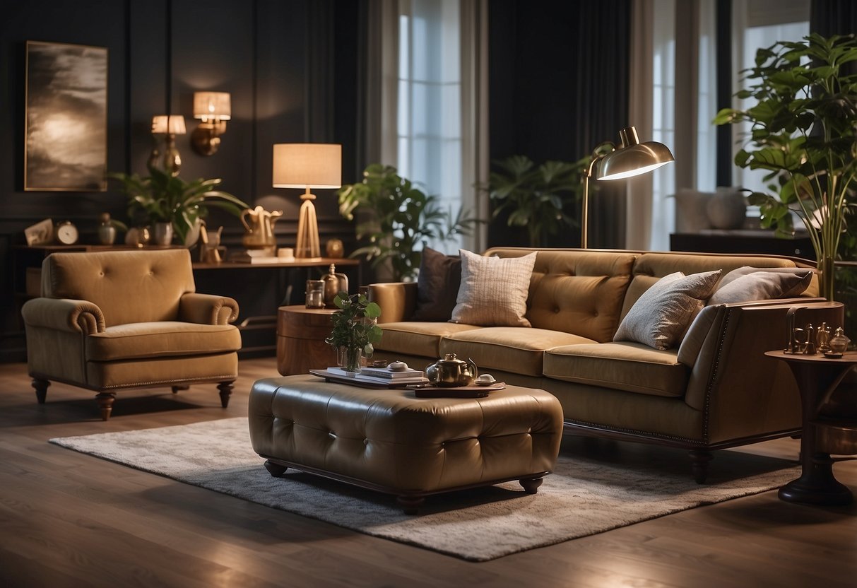 A room filled with modern and classic furniture pieces, arranged in stylish settings. Bright lighting highlights the quality and craftsmanship of each item