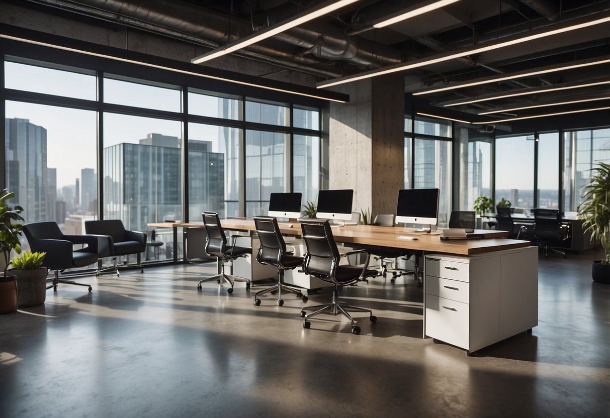 A modern office space with sleek furniture and open collaboration areas. Brand logos and marketing materials are prominently displayed