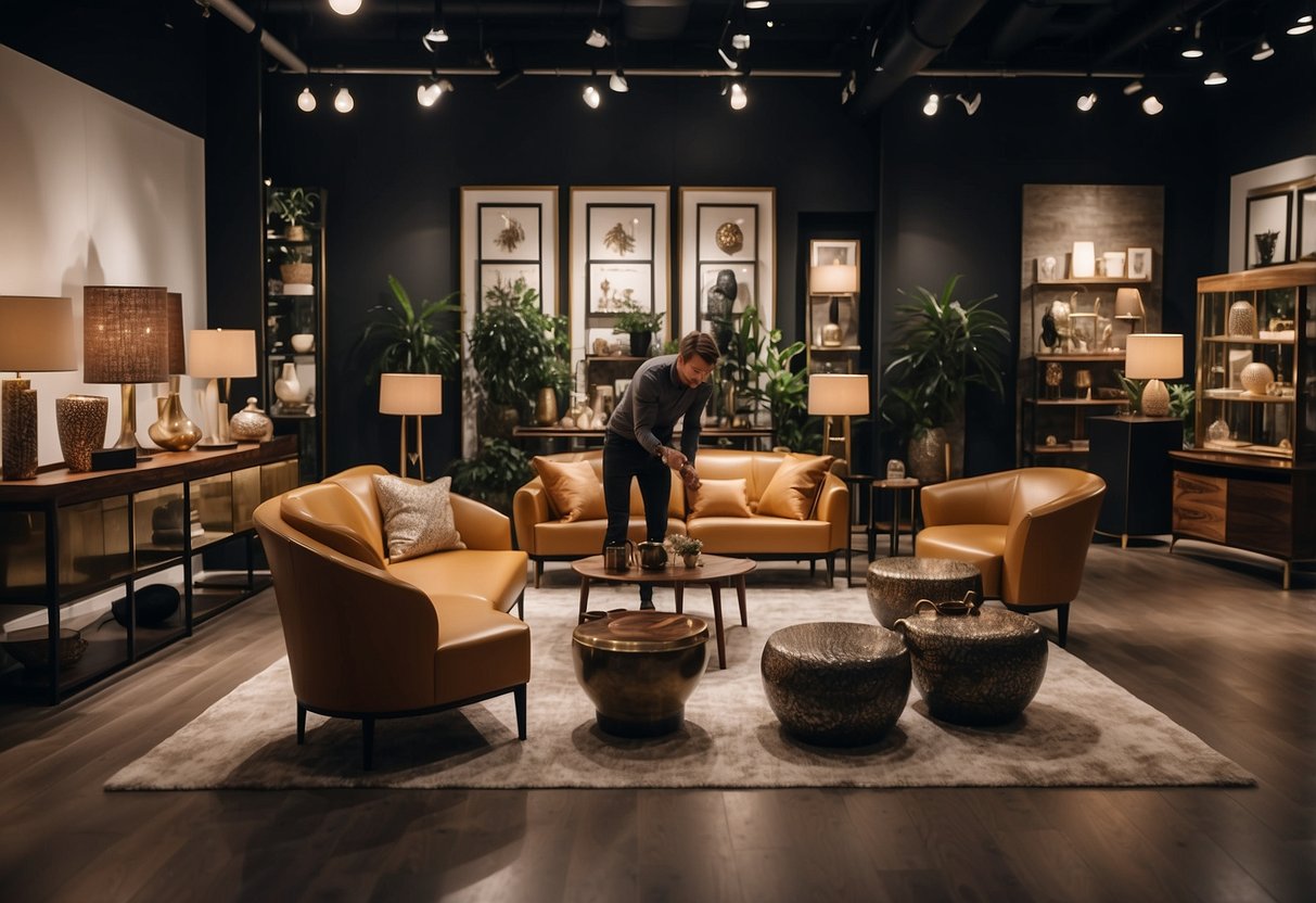 A customer browses high-end furniture in a well-lit boutique, carefully inspecting each piece for quality and style