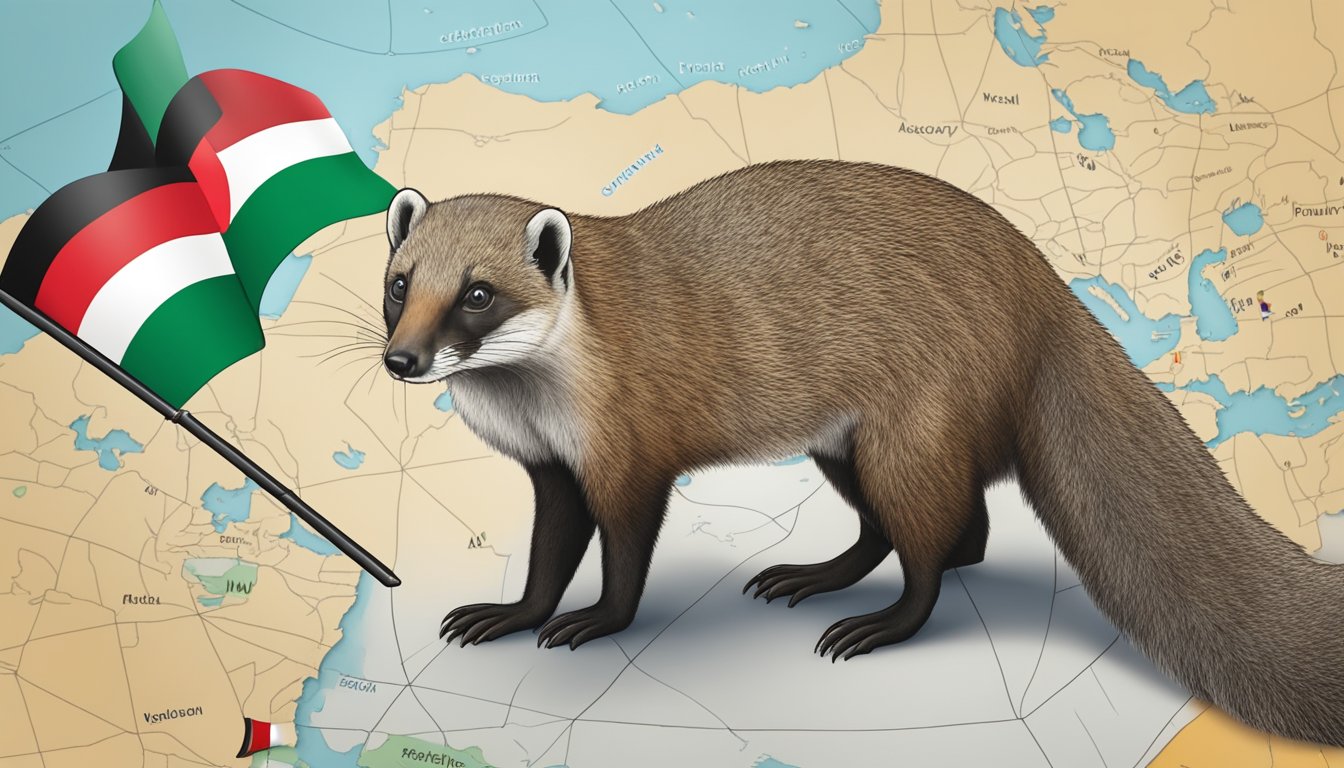 A mongoose stands in front of a map with the Palestinian flag, surrounded by symbols of cultural and social awareness