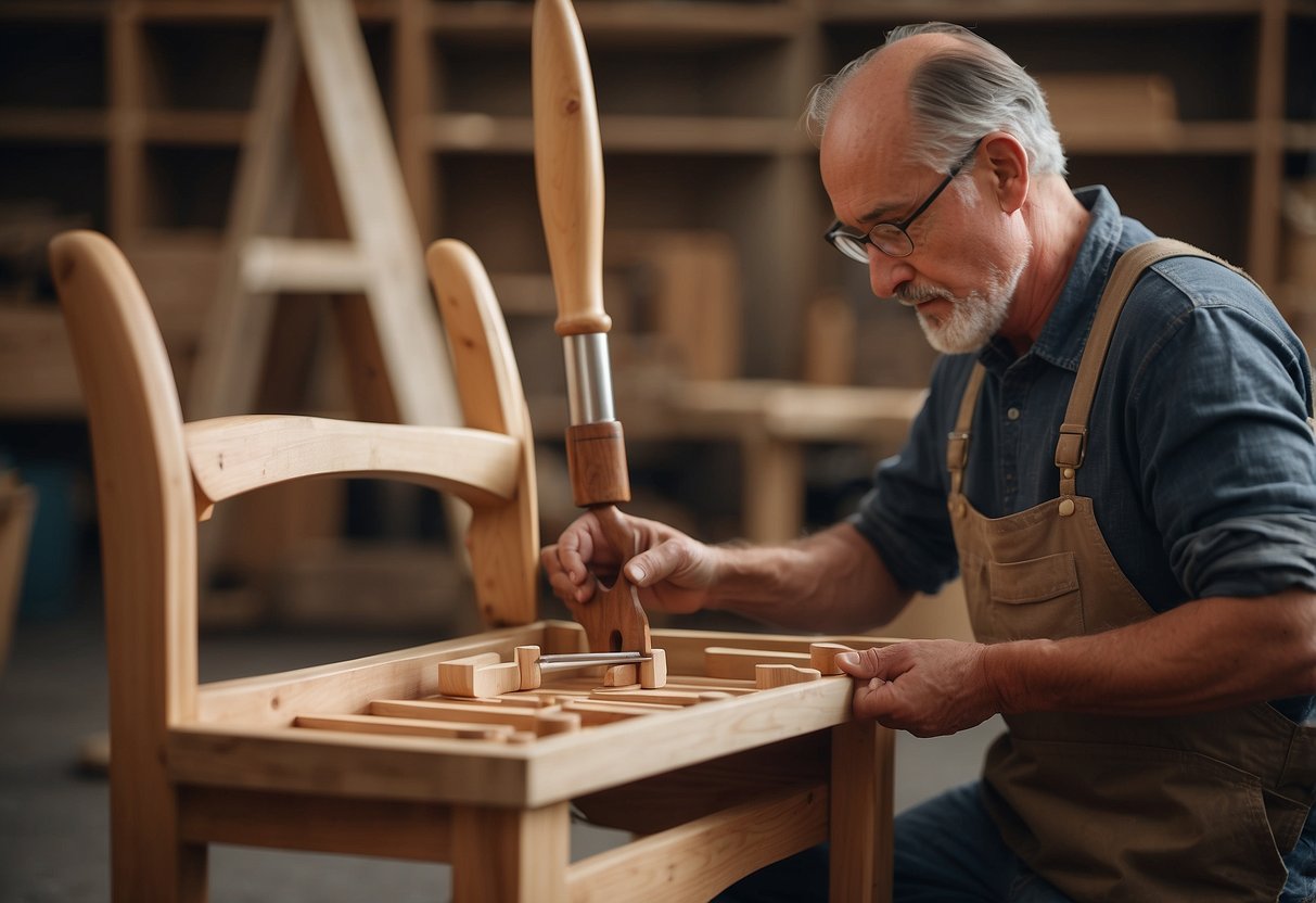 A master carpenter meticulously assembles a timeless wooden chair with precision and care