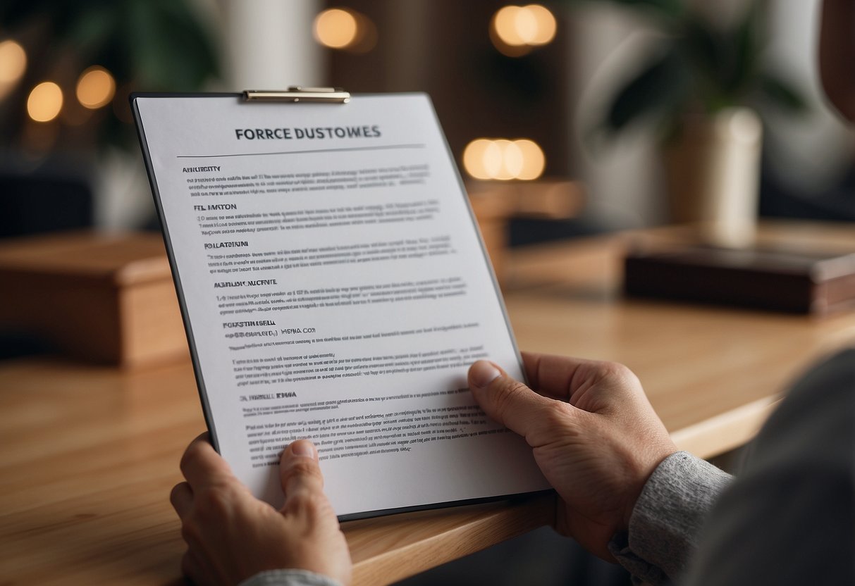 A customer browsing through a list of frequently asked questions about furniture, with various pieces of furniture displayed in the background