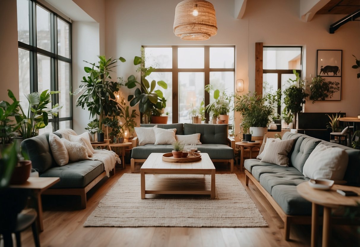 A cozy living style furniture shop with modern sofas, wooden coffee tables, and soft rugs. Bright lighting and potted plants create a welcoming atmosphere
