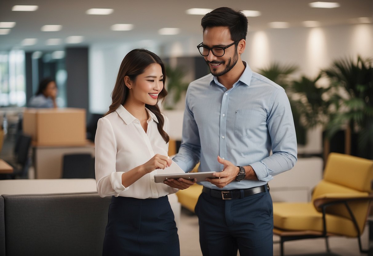 A customer service representative assists a client with furniture selection at Service and Support furniture com sg