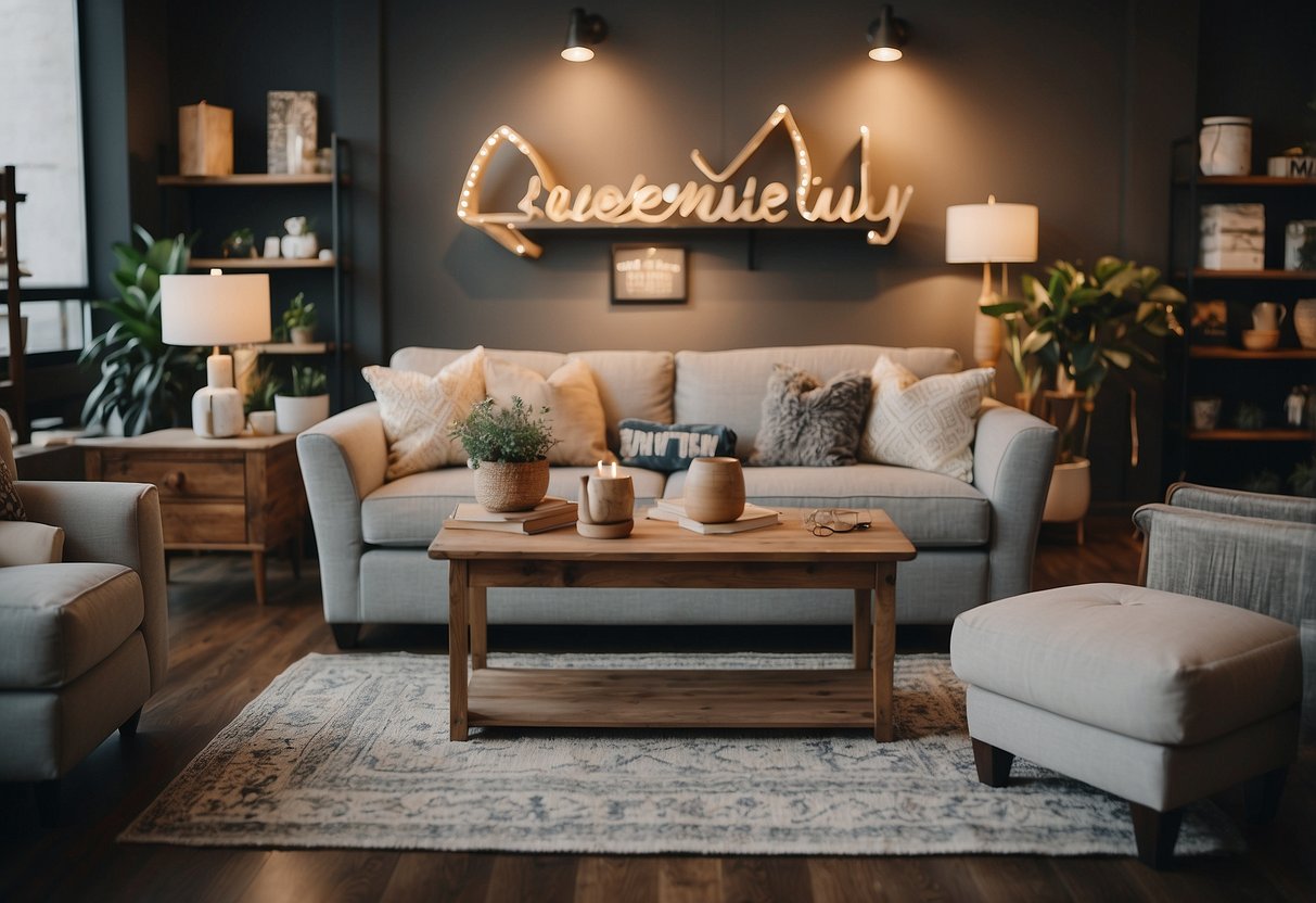 A cozy boutique furniture store with a display of unique pieces and a sign reading "Frequently Asked Questions."