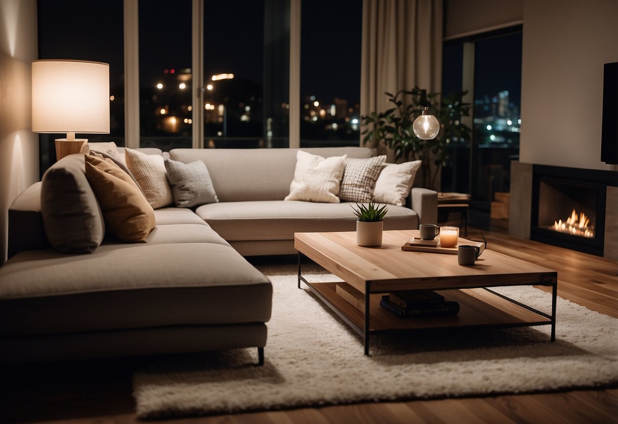 A cozy living room with a plush sofa, soft pillows, and a warm throw blanket. A sleek and modern coffee table sits in the center, with a stylish floor lamp casting a soft glow