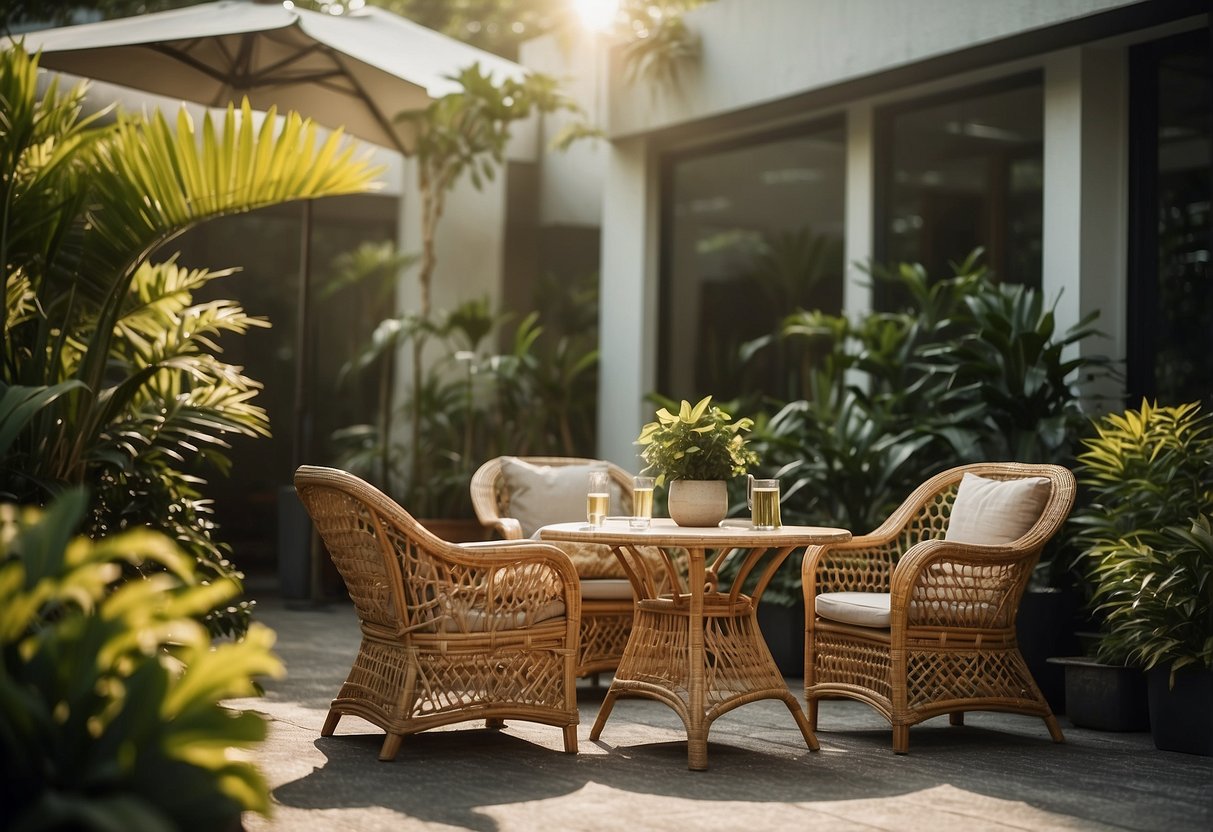 A cozy outdoor patio with rattan furniture in Singapore. Sunshine filters through lush greenery, casting dappled shadows on the earthy, woven chairs and table