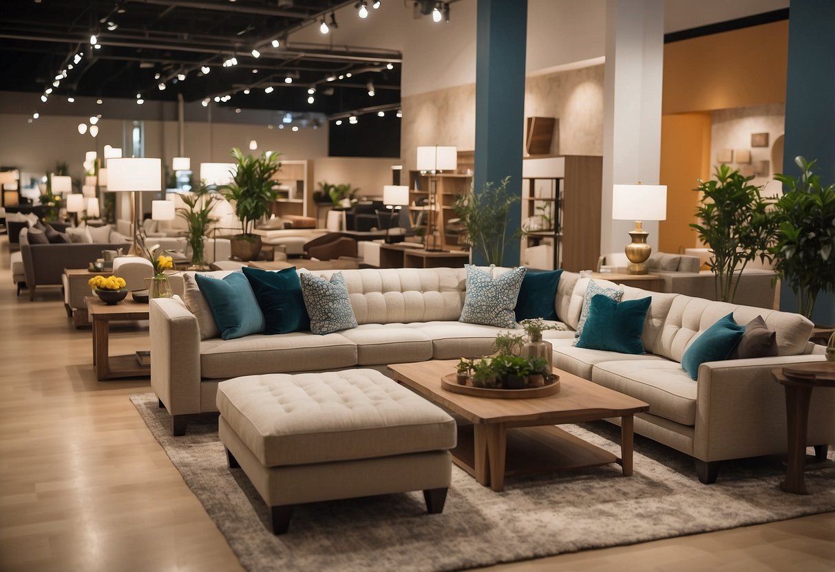 A wide variety of furniture items fill the spacious showroom, from sleek modern sofas to elegant wooden dining sets. Bright lighting and clean, organized displays create an inviting atmosphere for customers to explore