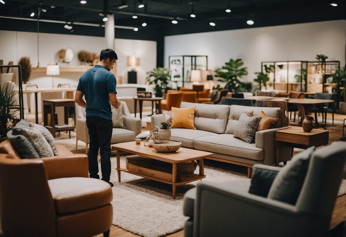 A customer browsing through a variety of furniture displayed in a showroom at Frequently Asked Questions furniture com sg
