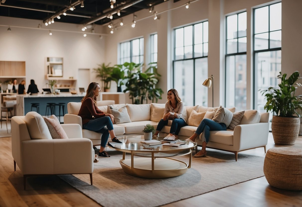 Customers browsing modern furniture in a spacious, well-lit showroom with sleek designs and cozy living room setups