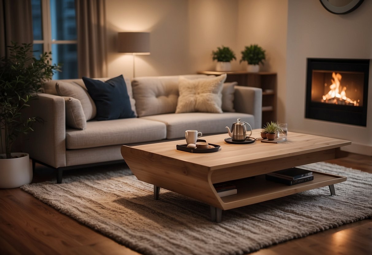 A cozy living room with a plush sofa, soft throw pillows, and a sleek coffee table. Warm lighting and a decorative rug complete the inviting space
