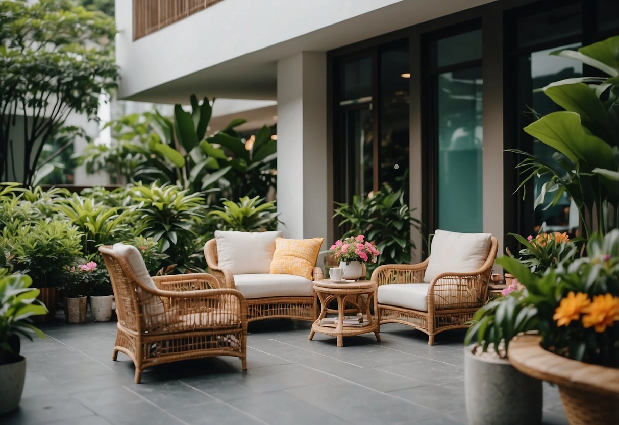 A cozy outdoor patio with rattan furniture, surrounded by lush greenery and colorful flowers, in the heart of Singapore