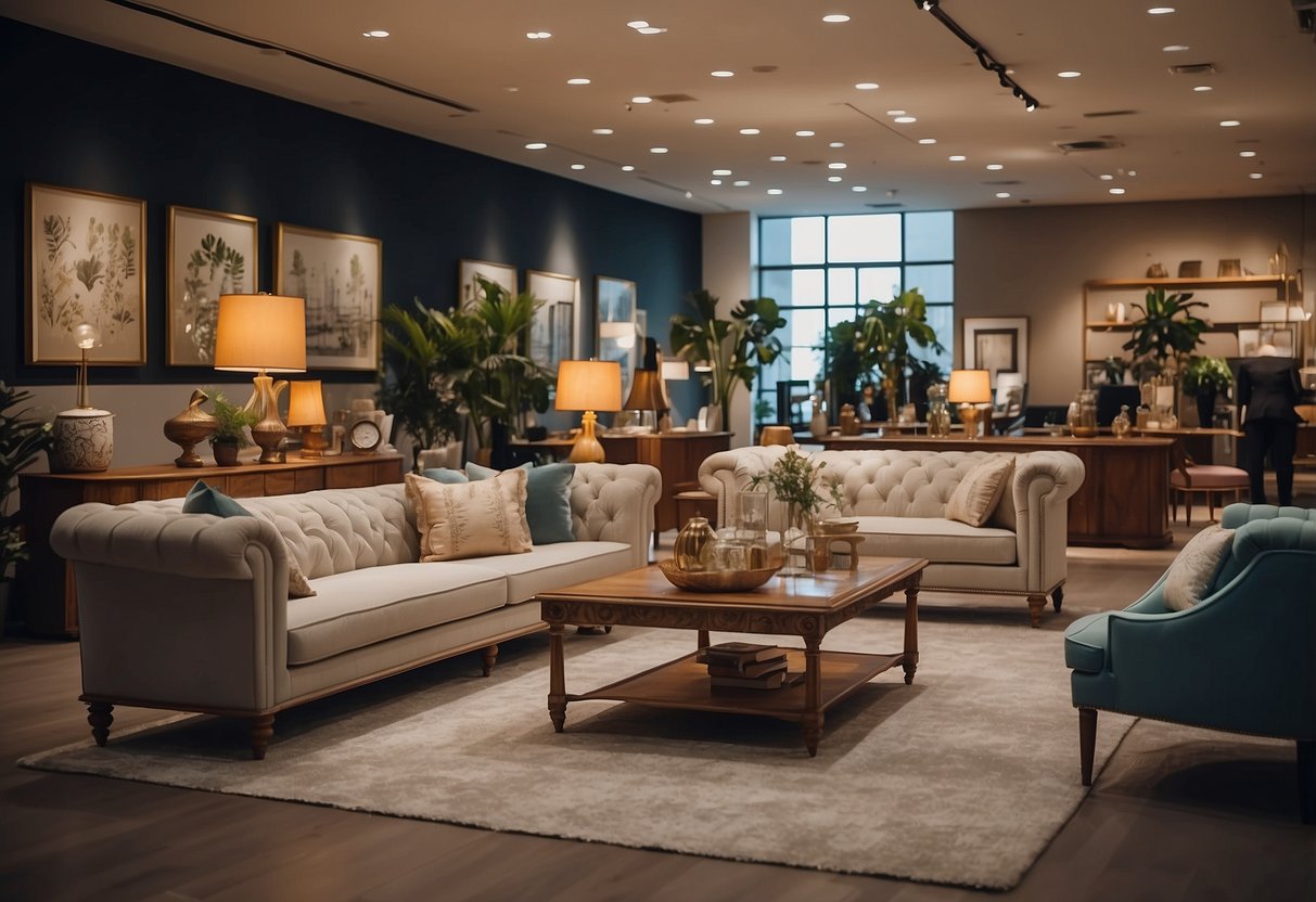 Classic furniture arranged in a showroom, with various pieces displayed and labeled. Customers browsing and interacting with the furniture