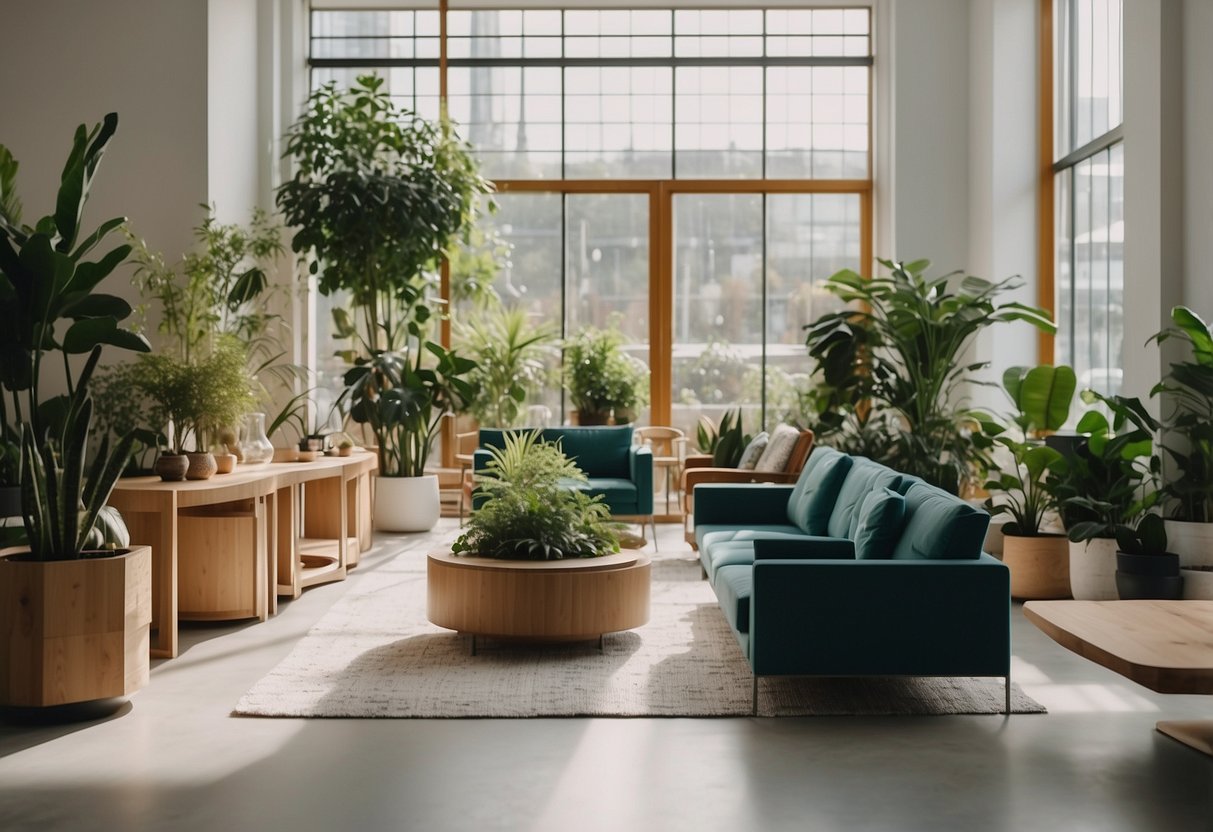 A bright, modern furniture shop with eco-friendly materials and sleek designs. Plants adorn the space, and natural light floods in, creating a welcoming and sustainable atmosphere