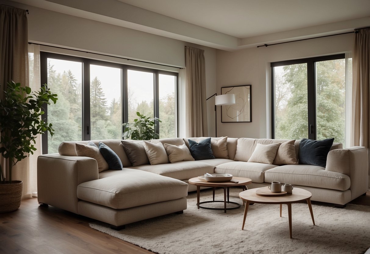 A cozy living room with modern, ergonomic furniture arranged for comfort and functionality. Soft, neutral colors and plush textures create a welcoming atmosphere